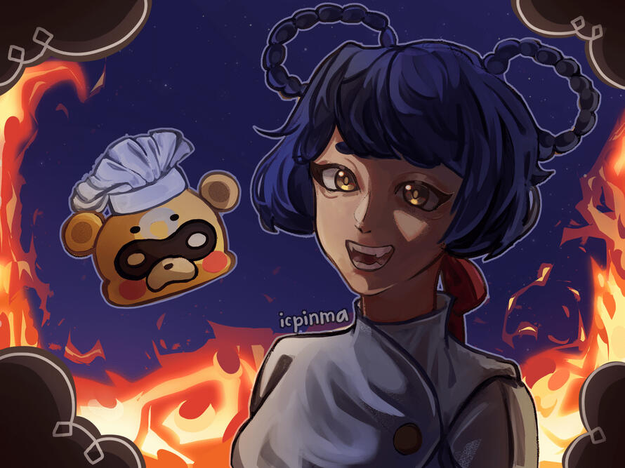 Fanart of Xiangling and Guoba. Klee is implied too cuz of the arson going on in the background